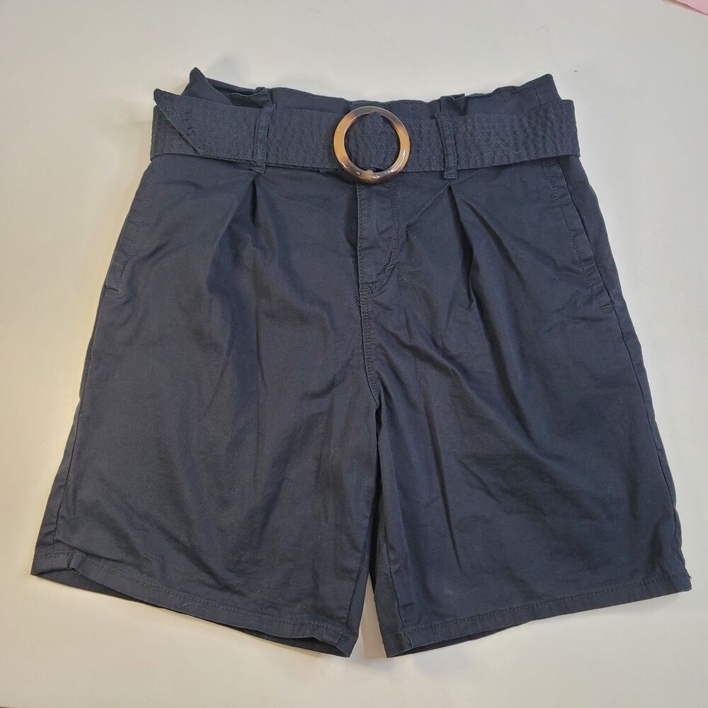 Gloria Vanderbilt Paperbag Waist Black Denim Shorts Belted Stretch Women sz 8